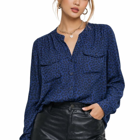 LOFT Tops - LOFT Navy Leopard Print Blouse – Long Sleeve – Size Medium 🖤 🐆 💙